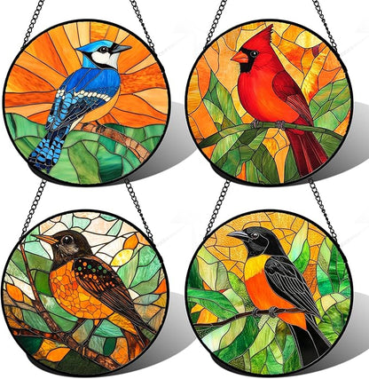 Stained Glass Window Hanging 4 Pcs Set Birds Large 15" - Cardinal Blue Jay Suncatcher Door Garden Sun Catcher Decor Birthday Christmas for Bird Lovers Mom Woman Nana Men