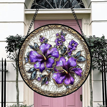 Stained Glass Window Hanging, Purple Flowers Romantic Suncatcher for Doors Home Sun Catchers Decoration and Christmas, Mother's Day Birthday Gifts for Women, Men, and Mom 14.9x14.9 in