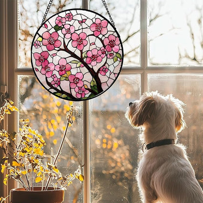 Stained Glass Window Hanging - Cherry Blossoms Birth Flower Suncatcher for Door Garden Patio Sun Catchers Decor Christmas Mother's Day Birthday Gifts for Women Mom Nana Friend Wife 9.8 in