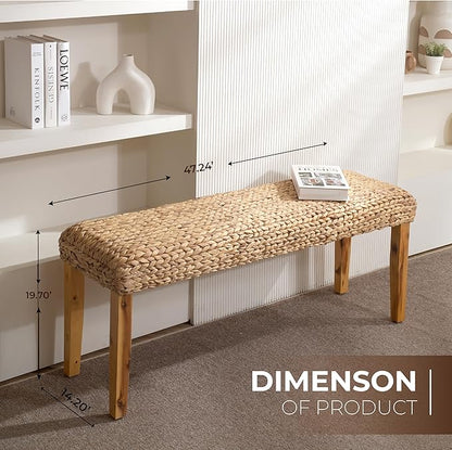 Solid Wood Acacia Indoor Bench with Natural Woven Seat, 47" Boho Bench Entryway, Wood Bench for Living Room or Entryway, Vintage Bench (Fishbone Style - Natural, Water Hyacinth)