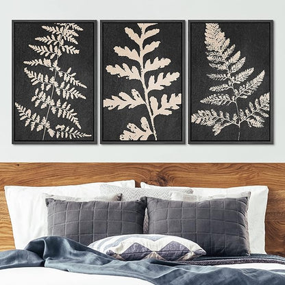 Ashbrook Framed Canvas Print Wall Art Set Black Forest Fern Plant Silhouette Nature Wilderness Illustrations Modern Art Rustic Chic Colorful for Living Room, Bedroom, Office - 16"x24"x3 Black