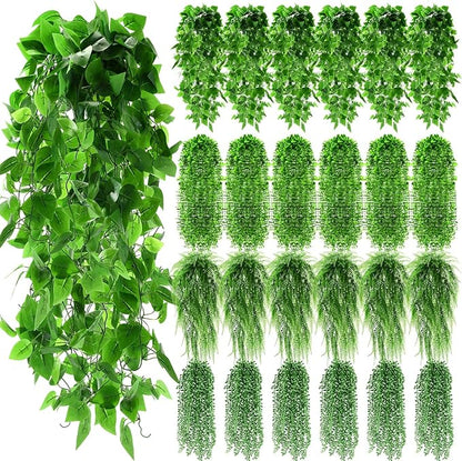 24 Pcs Artificial Hanging Plants Fake Hanging Ferns Plastic Faux Plants for Wall Room Garden Garland Indoor Outdoor Decor No Basket (Boston,Eucalyptus,Ivy Vine,String of Pearls)