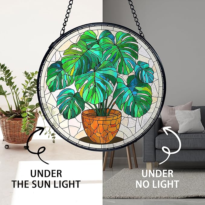 TNUW Monstera Plant Stained Glass Window Hanging, Monstera Leaf Decor Sun Catchers Indoor Window Glass Round Wall Art Decor, Plant Lovers Gifts Wall Hanging Decorations, 7.9＂x7.9＂Green Patio，Lawn,