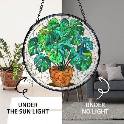 TNUW Monstera Plant Stained Glass Window Hanging, Monstera Leaf Decor Sun Catchers Indoor Window Glass Round Wall Art Decor, Plant Lovers Gifts Wall Hanging Decorations, 7.9＂x7.9＂Green Patio，Lawn,