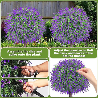 27.5" Artificial Lavender Boxwood Topiary Ball Trees, Set of 2 Fake Shrubs Bushes with Ground Spike, UV Resistant Faux Evergreen Tree for Front Porch Outdoor Garden Decor