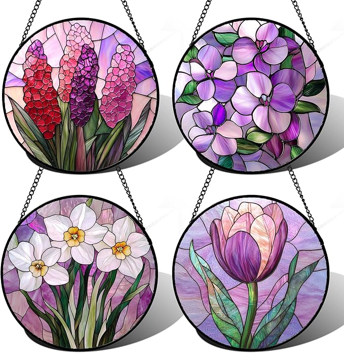 Stained Glass Window Hanging 4 Pcs Set Purple Flower Theme 6.3" - Tulip Suncatcher Door Garden Sun Catcher Decor Birthday Christmas for Plant Lovers Woman Nana Men