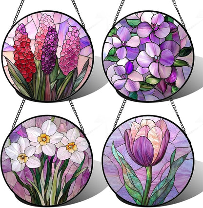 Stained Glass Window Hanging 4 Pcs Set Purple Flower Theme 6.3" - Tulip Suncatcher Door Garden Sun Catcher Decor Birthday Christmas for Plant Lovers Woman Nana Men