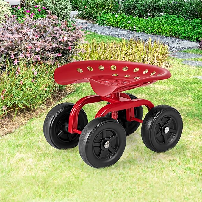 Garden Cart with Seat, Heavy-Duty Rolling Outdoor Wagon Scooter w/Height Adjustable & 360° Swivel Seat, Gardening Work Seat Stool, Patio Scooter on Wheels for Lawn Yard Planting(Red)