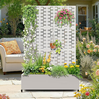 Metal Raised Garden Bed with Trellis, 2-in-1 Planter Box & Privacy Screen for Climbing Plants, Outdoor Standing Flower Bed with Drainage Holes, 47.2" L x 16.7" W x 70.8" H, White-Brick
