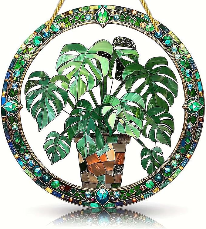 2 Pcs Stained Monstera Plant Window Hanging Ornament, Plant Suncatcher, 8 Inch Acrylic Suncatcher, Window Hanging Indoor Wall Art Christmas Home Decor Suncatchers Ornaments Gifts