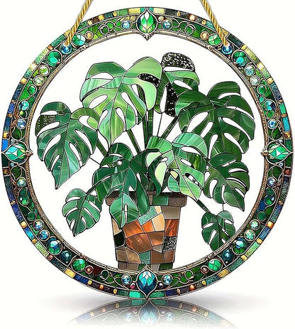 2 Pcs Stained Monstera Plant Window Hanging Ornament, Plant Suncatcher, 8 Inch Acrylic Suncatcher, Window Hanging Indoor Wall Art Christmas Home Decor Suncatchers Ornaments Gifts