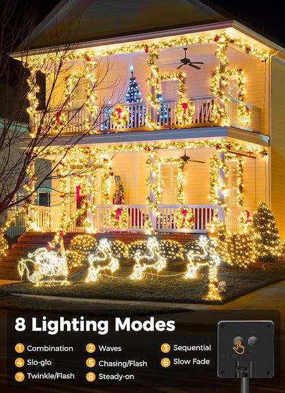 Solar String Lights Outdoor, 39FT 100LED Solar Powered Lights IP65 Waterproof with 8 Lighting Modes for Party Garden Yard Home Holiday Tree Decoration Lighting, Warm White