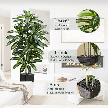 Artificial Dracaena Tree：5FT Faux Silk Tropical Yucca Floor Trees Realistic Fake Green Plant with Natural Wood Trunk & Lifelike Leaves for Home Office Decor Indoor & Outdoor (5FT,1-Pack,Black)