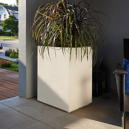 PolyStone Cozumel Tall Modern Outdoor/Indoor Column Planter, 18" L x 23" W x 30" H, Lightweight, Heavy Duty, Weather Resistant, Polymer Finish, Commercial Grade and Residentia (White)