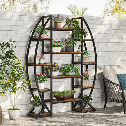 Tribesigns Curved Plant Stand Indoor, 8 Tiered Large Metal Plant Shelf, 69" Tall Industrial Flower Pot Stand Display Rack for Indoor Living Room, Balcony, Patio (Brown)