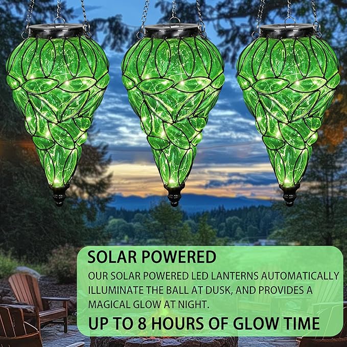 Solar Hanging Lantern Outdoor Garden Lights, Tear-Shaped Glass and Metal Hanging Lantern, 15 Firefly LED Lights, 7 x 24 Inch,(Green)