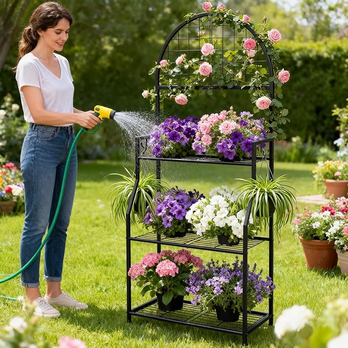 3 Tier Plant Stand Indoor Outdoor, Metal Plant Display Stand Plants Shelf Rack for Multiple Plants, Black Flower Plante Pots Holder for Patio Garden Balcony Living Room