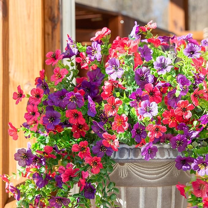 HyeFlora Artificial Flowers for Outdoors Decoration, 2Pcs Fake Hanging Spring Summer Decor, Purple and Hotpink Realistic Plants, UV & Fading Resistant Silk Flower for Porch Patio Balcony Planter Yard