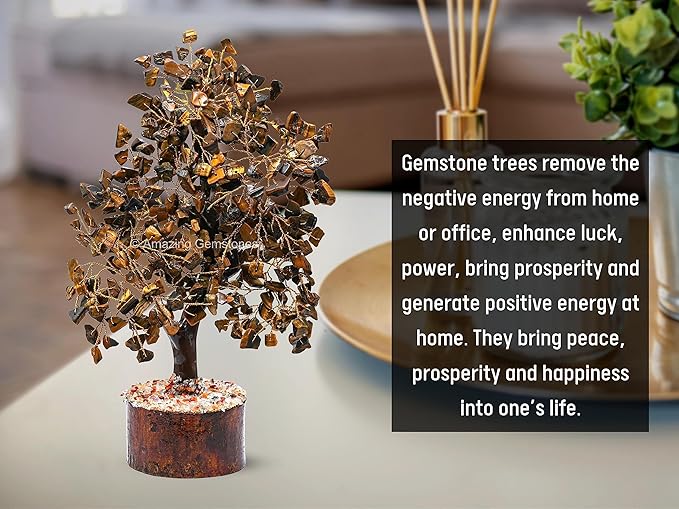 Amazing Gemstone Tigers Eye Natural Healing Premium Crystal Bonsai Feng Shui Fortune Money Tree of Life for Home Office Decor (Gift Box Ready,10-12 Inch)