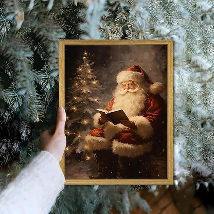Wood Framed Vintage Santa Claus Wall Art, Classic Christmas Canvas Oil Painting, Rustic Holiday Winter Home Wall Decor Picture, Christmas Gift for Living Room Bedroom Kids Room 8x10 Inch