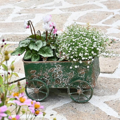 Flower Cart with Wooden Handles, Metal Wagon Planters for Outdoor Plants, Garden Planter with Wagon Wheels, Decorative Wheelbarrow, Plant Cart for Patio Garden Balcony (Green)