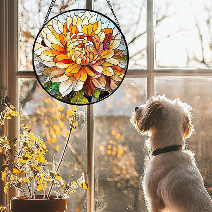 Stained Glass Window Hanging - Chrysanthemum Suncatcher for Doors Garden Patio Birth Flowers Sun Catchers Decor Christmas Mother's Day Birthday Gifts for Women Men Mom Nana Friend 6.3 in