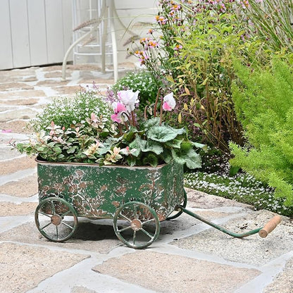 Flower Cart with Wooden Handles, Metal Wagon Planters for Outdoor Plants, Garden Planter with Wagon Wheels, Decorative Wheelbarrow, Plant Cart for Patio Garden Balcony (Green)