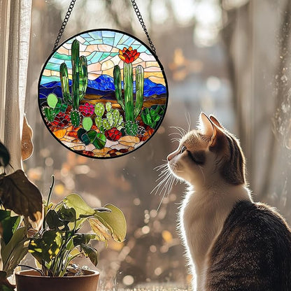 Stained Glass Window Hanging, Green Cactus Suncatcher for Doors Window Home Plant Landscape Sun Catchers Decoration Mother's Day Birthday Gifts for Women, Men, and Mom 15 in