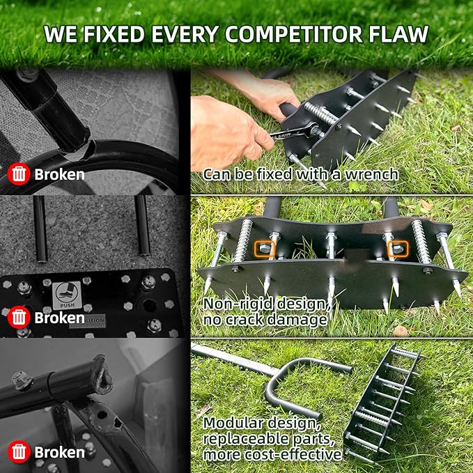 Lawn Aerator Tool with Bolt-On Base & Kick-to-Unclog - Manual Grass Aerator for Compacted Clay Soil, Never Weld Never Break, 12.2x6 Inch Wide Plate Covers 20% More (Pre-Assembled)