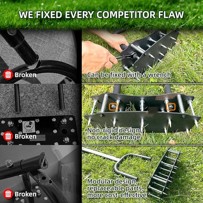 Lawn Aerator Tool with Bolt-On Base & Kick-to-Unclog - Manual Grass Aerator for Compacted Clay Soil, Never Weld Never Break, 12.2x6 Inch Wide Plate Covers 20% More (Pre-Assembled)