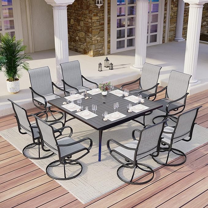 MFSTUDIO Outdoor Dining Set for 8, Patio Table and Chairs Set with Umbrella Hole, 9 Piece Outdoor Patio Furniture Set for Deck/Backyard/Poolside/Garden