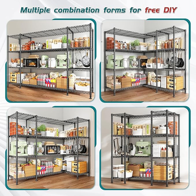 REIBII 78.4" W Storage Shelves 1500LBS Load, Metal Shelving Unit Heavy Duty Wire Shelving for Garage Storage Rack, Adjustable Metal Shelf for Pantry Commercial Kitchen Storage Shelves, 11.8''D x 59''H