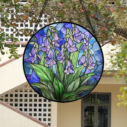 Stained Glass Suncatcher, Blue Purple Flowers Green Leaves Sun Catcher Plants Stain Glass Window Hanging Decoration Mother's Day Birthday Gifts for Women Men Mom and Nana 15 in