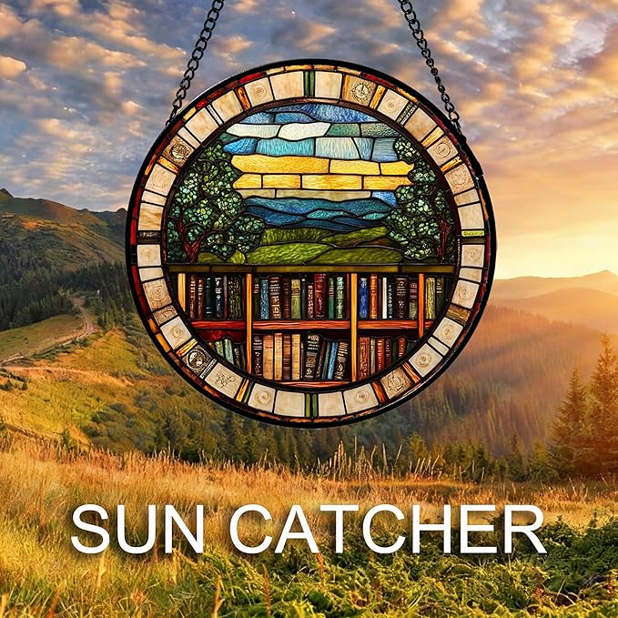 Stained Glass Window Hanging Retro Books Scenery Large 15" - Abstract Suncatcher Door Garden Sun Catcher Home Decor Birthday Christmas for Mom Men Woman Nana Friend Wife