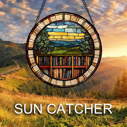 Stained Glass Window Hanging Retro Books Scenery 6.3" - Abstract Suncatcher Door Garden Sun Catcher Home Decor Birthday Christmas for Mom Men Woman Nana Friend Wife