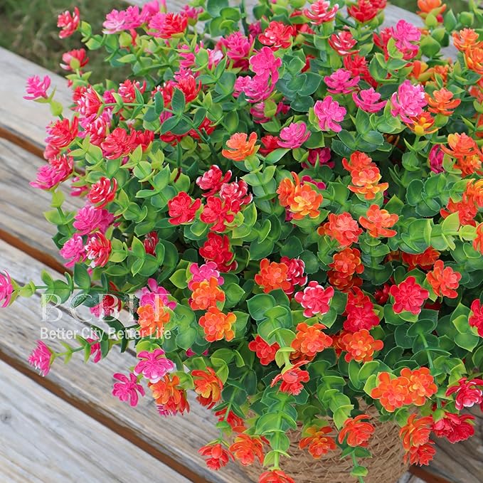 UV Resistant Artificial Flowers for Indoor and Outdoor Use, 12 Bundles Not-Fading Faux Plants for Porch, Patio, Garden, and Home Decoration - Orange Pink Red