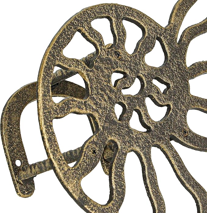 12-Inch Bronze Finish Cast Iron Nautilus Seashell Decorative Hose Holder: Wall-Mounted Outdoor Nautical Décor for Stylish and Functional Garden Organization