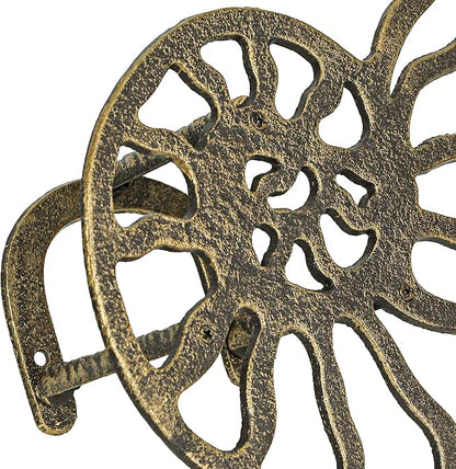 12-Inch Bronze Finish Cast Iron Nautilus Seashell Decorative Hose Holder: Wall-Mounted Outdoor Nautical Décor for Stylish and Functional Garden Organization