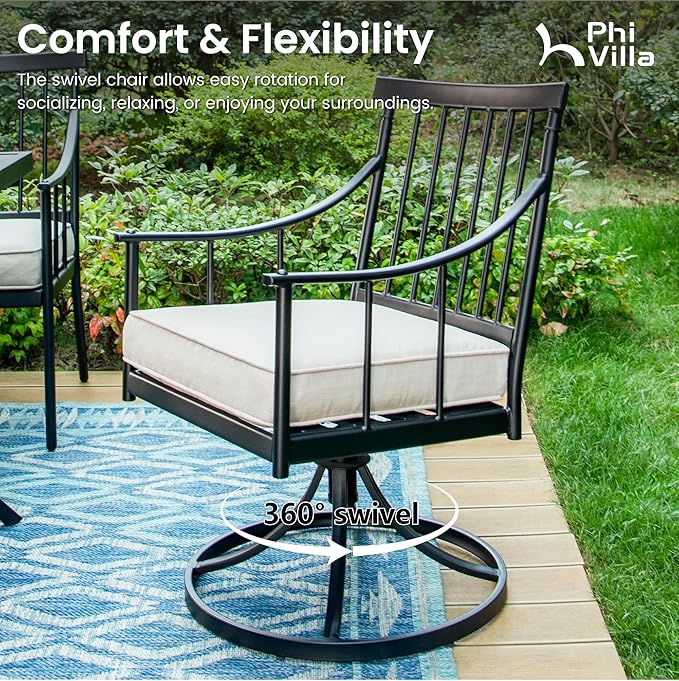 PHI VILLA 7 Pieces Outdoor Dining Set for 6, 84" Long Expandable Metal Table & Swivel Wrought Iron Chairs with Cushions, Large Furniture Set for Patio, Deck, Yard, Porch - Black