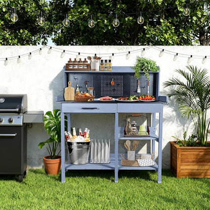 Outdoor Potting Bench Table,Garden Work Bench Metal Tabletop Horticulture with Shelf Rack Wooden Potting Benches for Outside with Holey Board/Hooks/Pads/Drawer/Adjustable and Cabinet,Gray