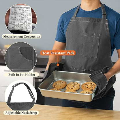 opux Chef Apron for Men, Kitchen Apron with Pockets for Women, Large Unisex Canvas Apron for Cooking Grilling BBQ Baking.
