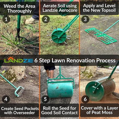 Landzie AeroCore Duo Rolling Lawn Aerator – Manual Core Plug Aerator with Chamfered Hollow Tines – Heavy-Duty 38.8 Pound Wheel Aerator Lawn Tool – Push Yard Aerator Aeration Tool