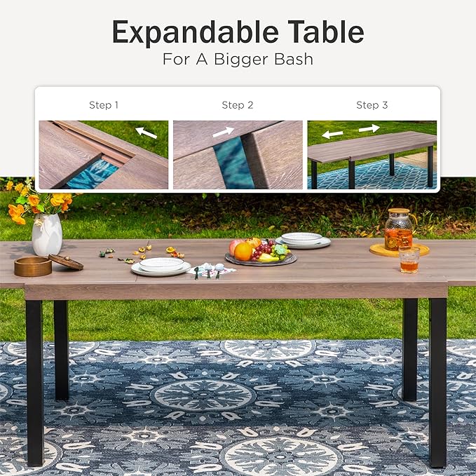 PHI VILLA 7 Piece Outdoor Dining Set for 6, Expandable Wood-Like Metal Dining Table & Wrought Iron Stackable Chairs, Large Dining Furniture for Patio, Deck, Backyard, Porch