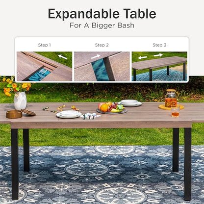 PHI VILLA 9 Piece Outdoor Dining Set for 8, Expandable Wood-Like Metal Dining Table & Wrought Iron Stackable Chairs, Large Dining Furniture for Patio, Deck, Backyard, Porch