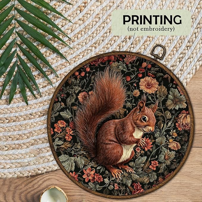 cvjutf Vintage Squirrel Wall Art Decor Framed, Dark Cottagecore Fall Squirrel Round Wall Decor, Rustic Farmhouse Squirrels Animal Canvas Prints Art for Cabin Bathroom Living Room, 10x10 Inch