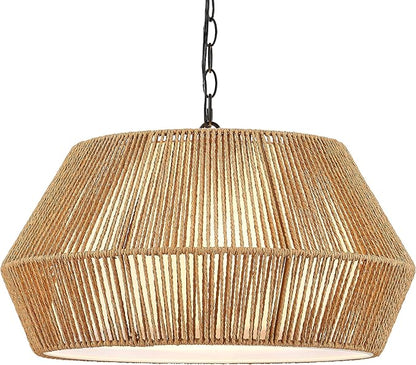 ELYONA 20" Large Rattan Chandelier Light Fixtures, 4-Lights Boho Pendant Light, Adjustable Woven Chandelier for Dining Room with Fabric Shade, Rustic Hanging Light for Kitchen Island,Living Room