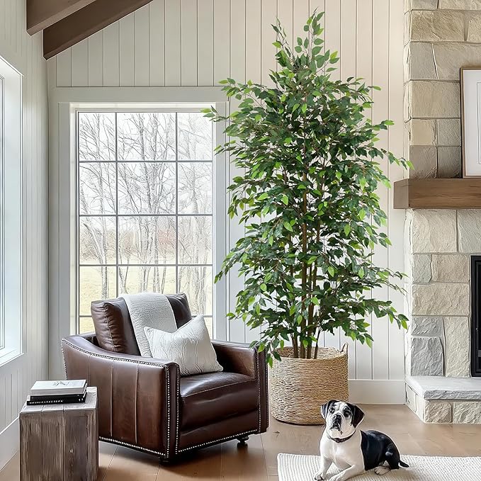 8FT Artificial Ficus Tree - Large Faux Plant Indoor Tree with Dense Leaves and Realistic Trunks,96" Tall Fake Tropical Plant Potted Artificial Floor Plant Trees for Home Living Room Porch Office Decor