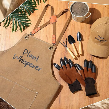 Tarpop Garden Tool Set Christmas Plant Whisperer Gardening Gifts for Women, 7 Pcs Vegetable Planting Tool Kit Cap Canvas Apron Gloves Soil Scoop Transplant Trowel Cultivator Flower Tub(Brown)