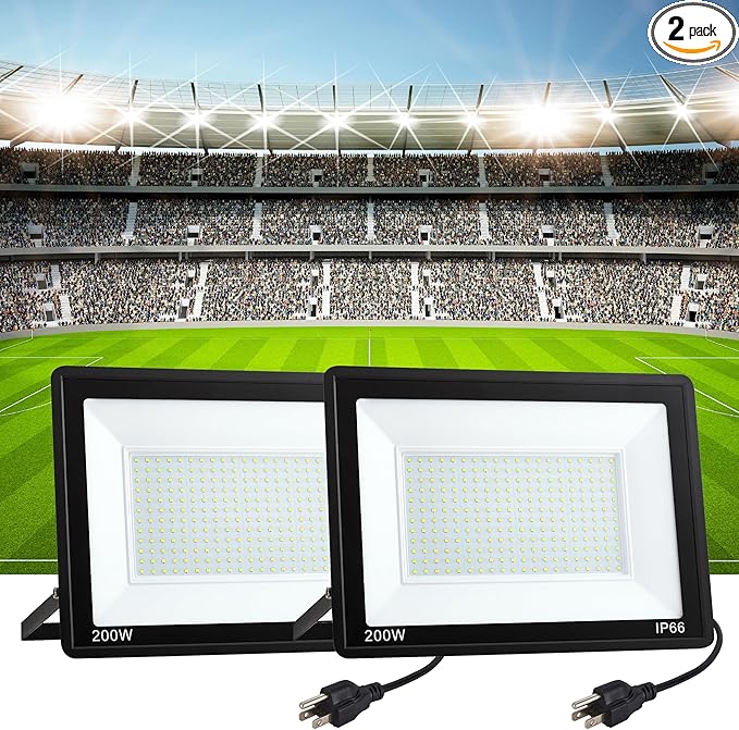 ADYENA LED Flood Light Outdoor Plug in,Super Bright Security Lights,IP66 Waterproof 6000K Daylight White Stadium Lights,Floodlights for Garage,Yard,Garden,Playground