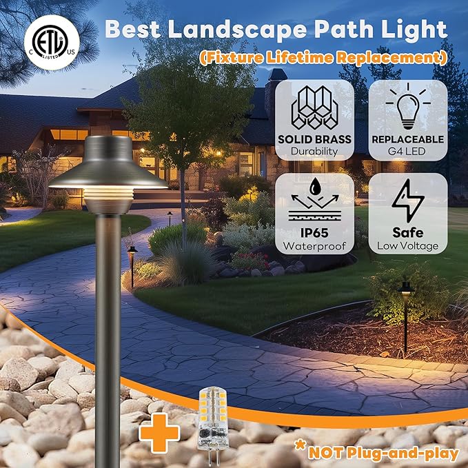 Gardenreet Brass Low Voltage Garden Lights, Outdoor Landscape Pathway Light, 12V LED AC/DC Bronze Mini Shade Path Lamp for Sideway House Walkway with 3W 270LM 4000K G4 Bulb 8 Pack